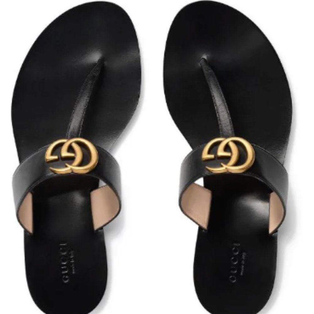 GUCCI Double G Logo Leather Flip Flops